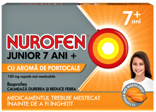 Poza cu Nurofen Junior 7ani+ cu aroma de portocale 100mg - 24 capsule moi masticabile