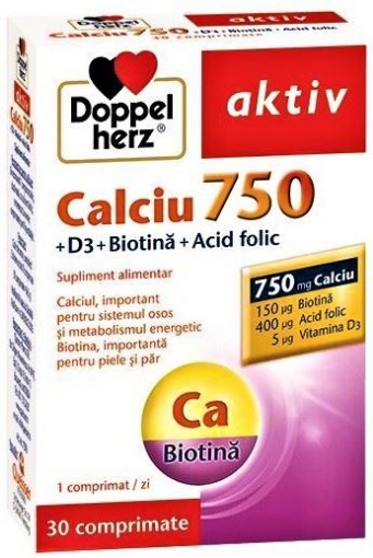 Doppelherz Aktiv Calciu 750mg + D3 + biotina + acid folic - 30 comprimate