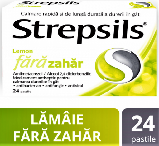 Strepsils Lemon fara zahar - 24 pastile de supt