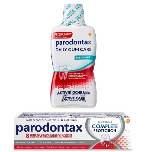 Poza cu Parodontax pasta de dinti Complet Protection Whitening - 75ml (pachet promo + Parodontax Daily Gum Fresh Mint - 500ml)